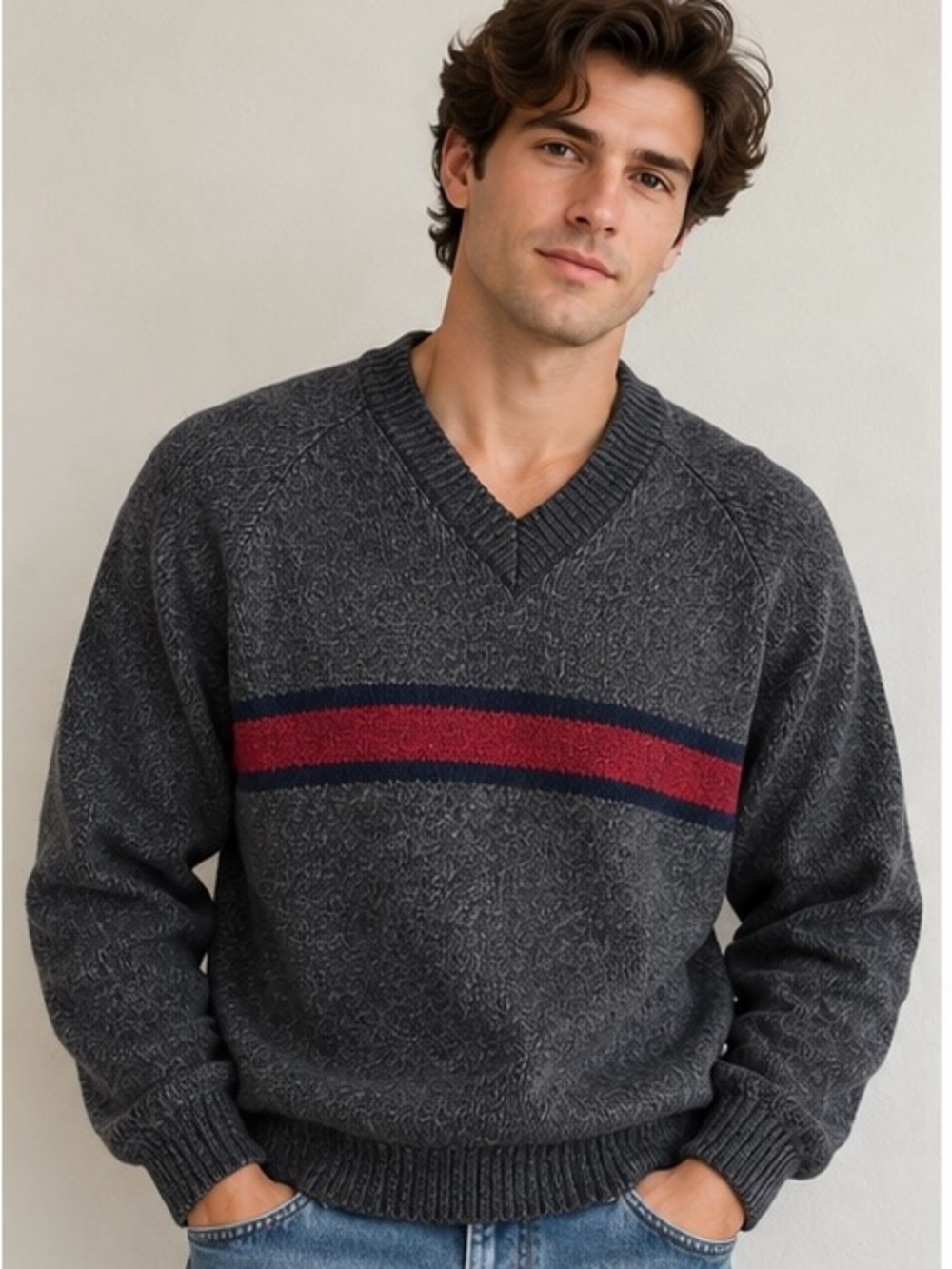 Vintage Landscape Men’s Wool Blend Ragg V-Neck Ski Sweater Gray Red Stripe NWT